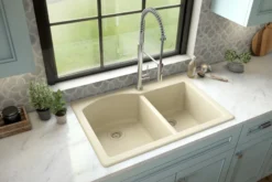 Karran 33" Drop In/Topmount Quartz Composite Kitchen Sink, 60/40 Double Bowl, Bisque, QT-610-BI-PK1