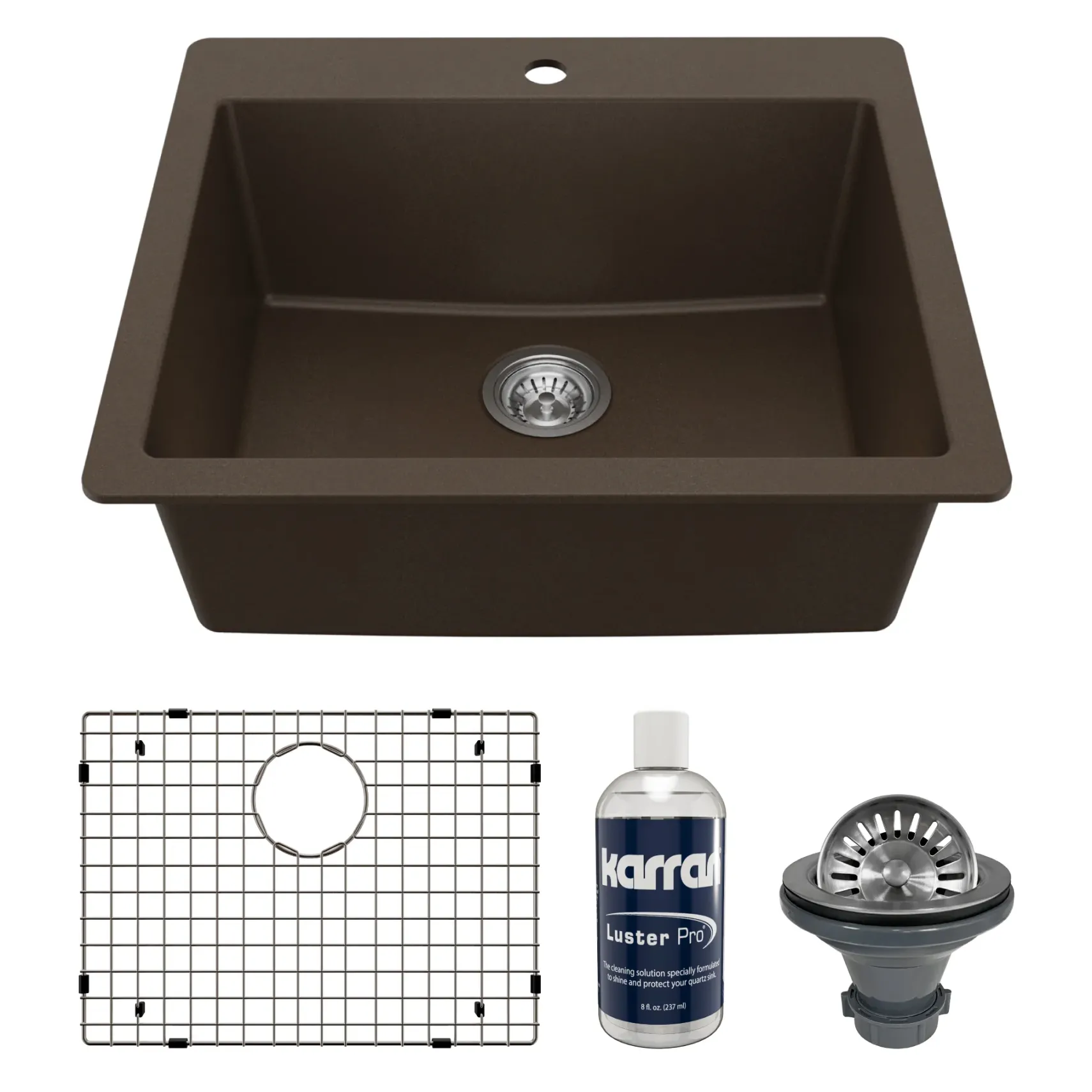 Karran 25" Drop In/Topmount Quartz Composite Kitchen Sink with Accessories, Brown, QT-820-BR-PK1