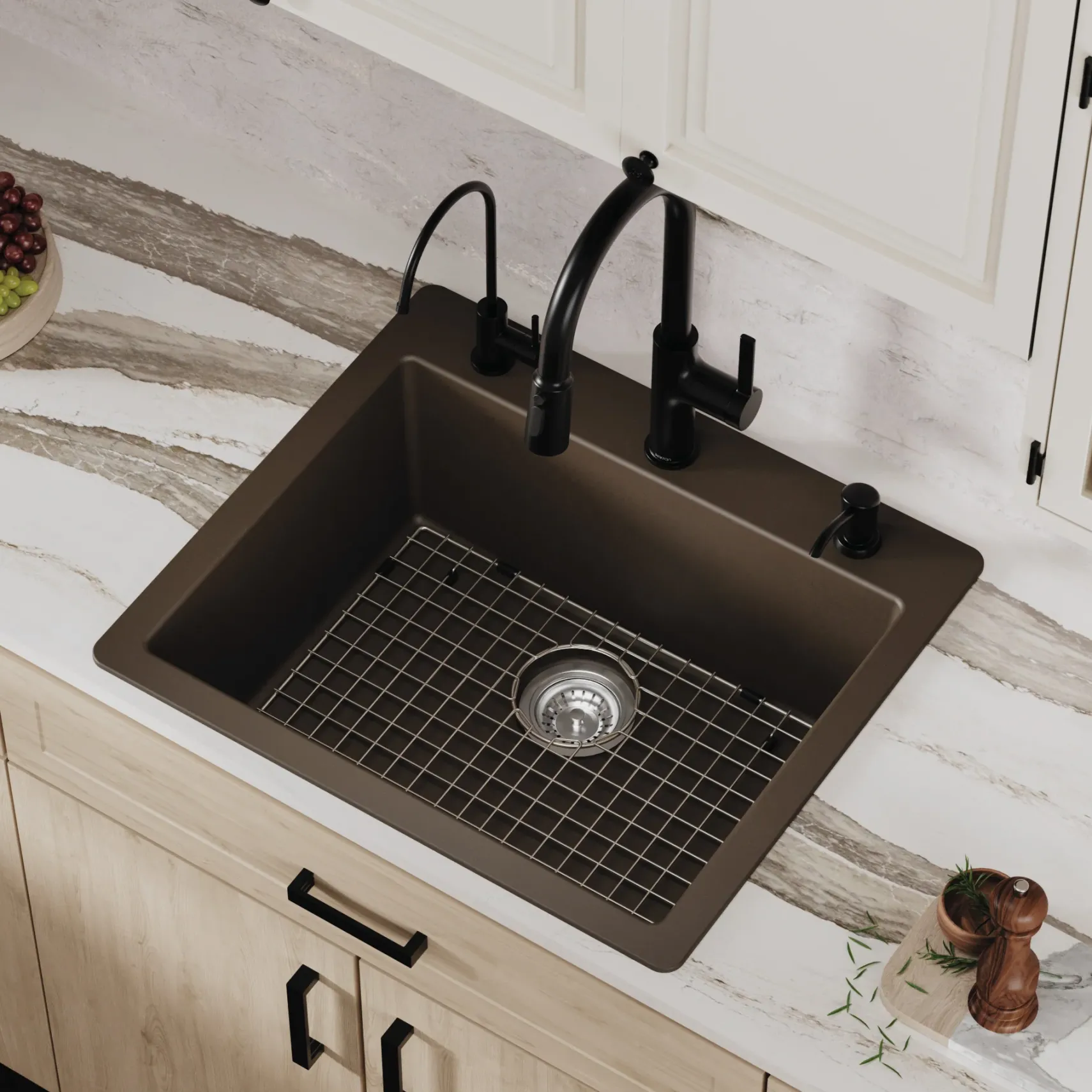 Karran 25" Drop In/Topmount Quartz Composite Kitchen Sink with Accessories, Brown, QT-820-BR-PK1