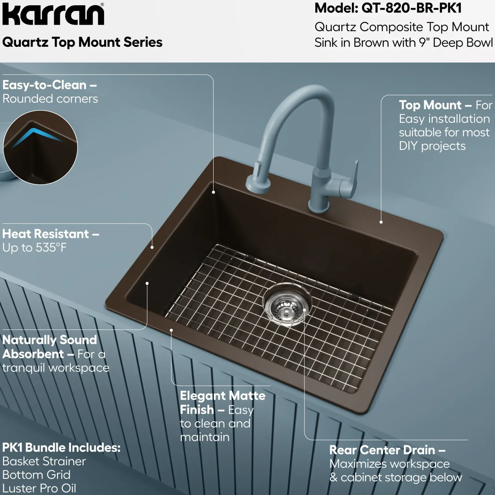 Karran 25" Drop In/Topmount Quartz Composite Kitchen Sink with Accessories, Brown, QT-820-BR-PK1