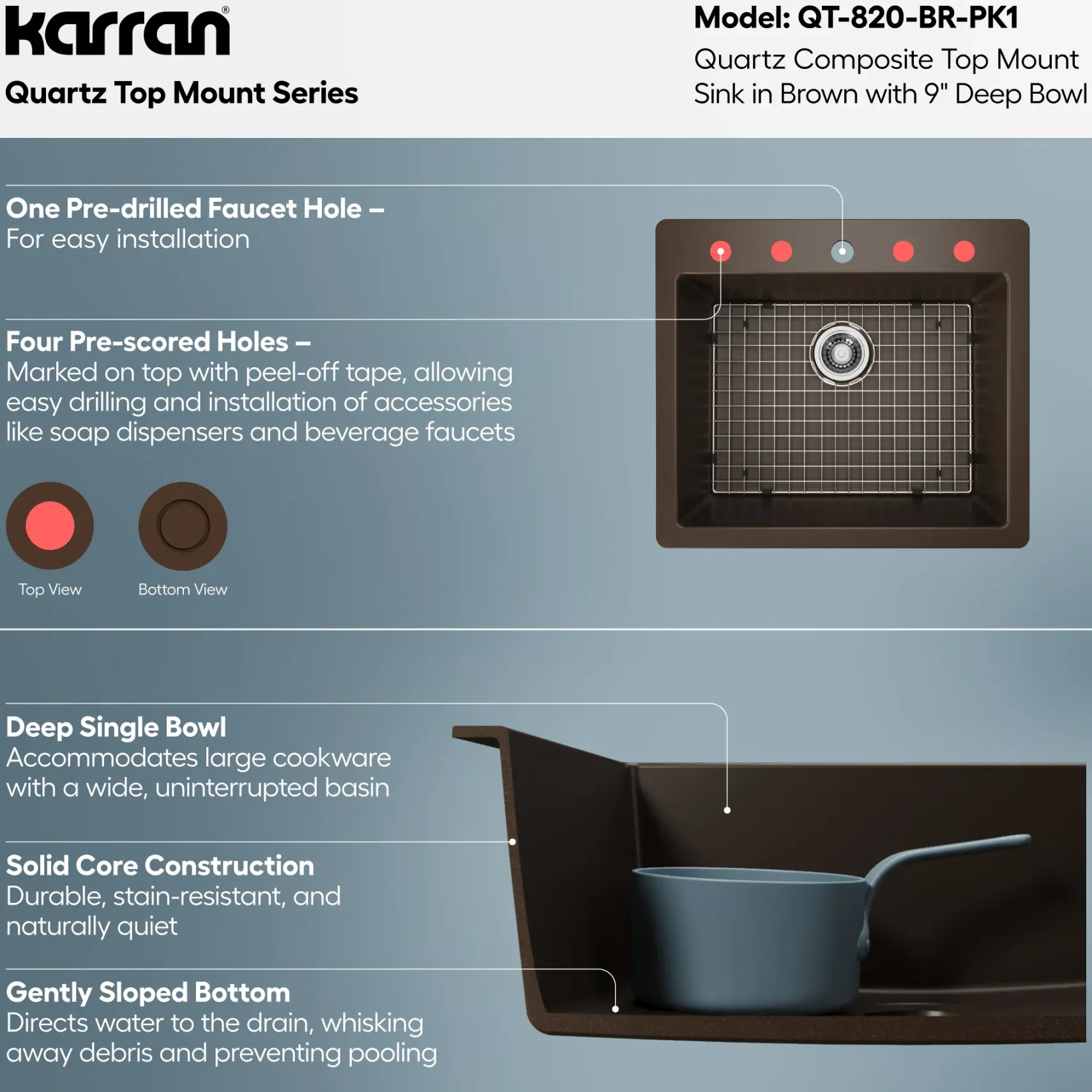 Karran 25" Drop In/Topmount Quartz Composite Kitchen Sink with Accessories, Brown, QT-820-BR-PK1