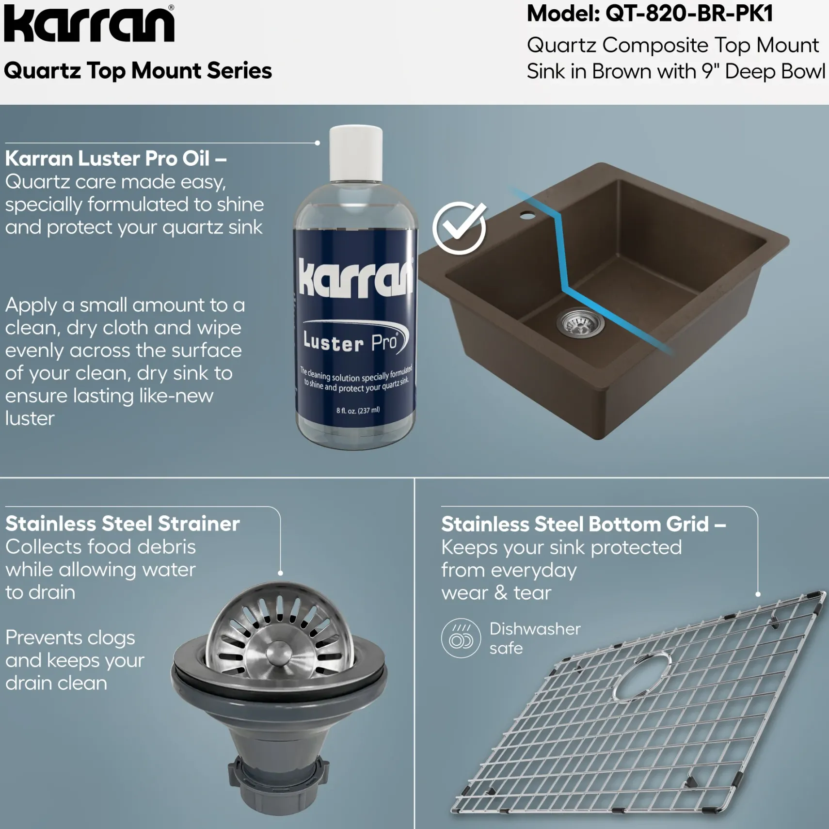 Karran 25" Drop In/Topmount Quartz Composite Kitchen Sink with Accessories, Brown, QT-820-BR-PK1
