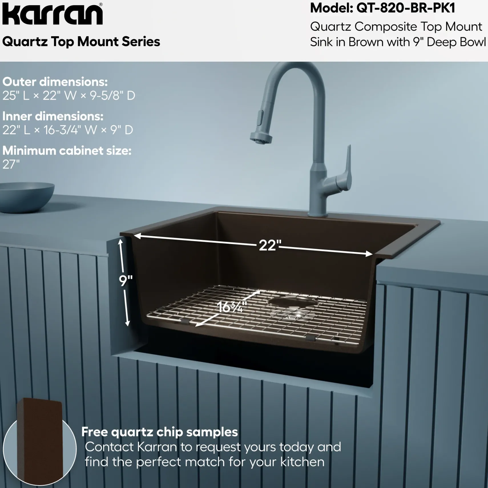Karran 25" Drop In/Topmount Quartz Composite Kitchen Sink with Accessories, Brown, QT-820-BR-PK1