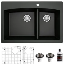 Karran 33" Drop In/Topmount Quartz Composite Kitchen Sink, 60/40 Double Bowl, Black, QT-711-BL-PK1
