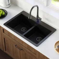 Karran 33" Drop In/Topmount Quartz Composite Kitchen Sink with Gunmetal Grey Faucet and Accessories, 50/50 Double Bowl, Black, QT810BLKKF340GG
