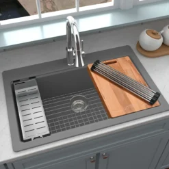 Karran 33" Drop In/Topmount Quartz Composite Workstation Kitchen Sink with Accessories, Grey, QTWS-875-GR
