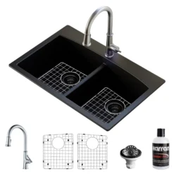 Karran 33" Drop In/Topmount Quartz Composite Kitchen Sink with Stainless Steel Faucet and Accessories, 50/50 Double Bowl, Black, QT710BLKKF330SS
