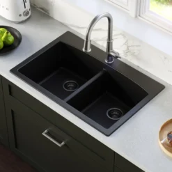 Karran 33" Drop In/Topmount Quartz Composite Kitchen Sink with Stainless Steel Faucet and Accessories, 50/50 Double Bowl, Black, QT710BLKKF330SS