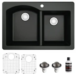 Karran 33" Drop In/Topmount Quartz Composite Kitchen Sink, 60/40 Double Bowl, Black, QT-610-BL-PK1