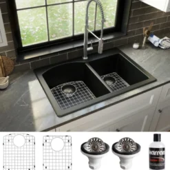 Karran 33" Drop In/Topmount Quartz Composite Kitchen Sink, 60/40 Double Bowl, Black, QT-610-BL-PK1