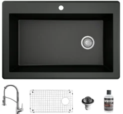 Karran 33" Drop In/Topmount Quartz Composite Kitchen Sink with Stainless Steel Faucet and Accessories, Black, QT670BL210SS