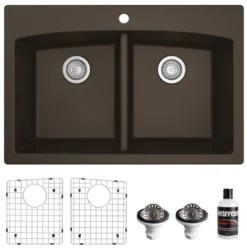 Karran 33" Drop In/Topmount Quartz Composite Kitchen Sink, 50/50 Double Bowl, Brown, QT-710-BR-PK1