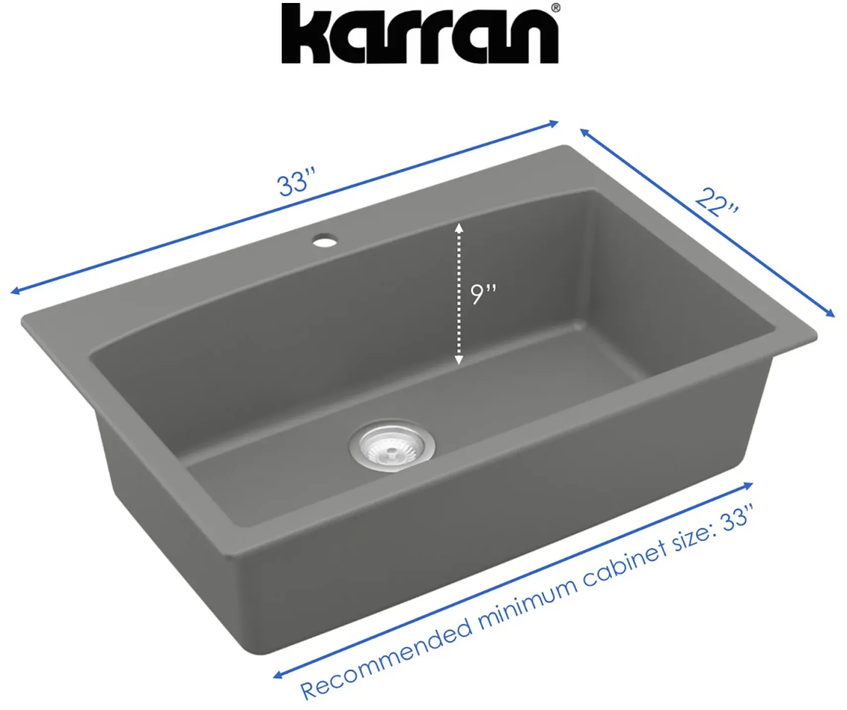 Karran 33" Drop In/Topmount Quartz Composite Kitchen Sink, Grey, QT-712-GR
