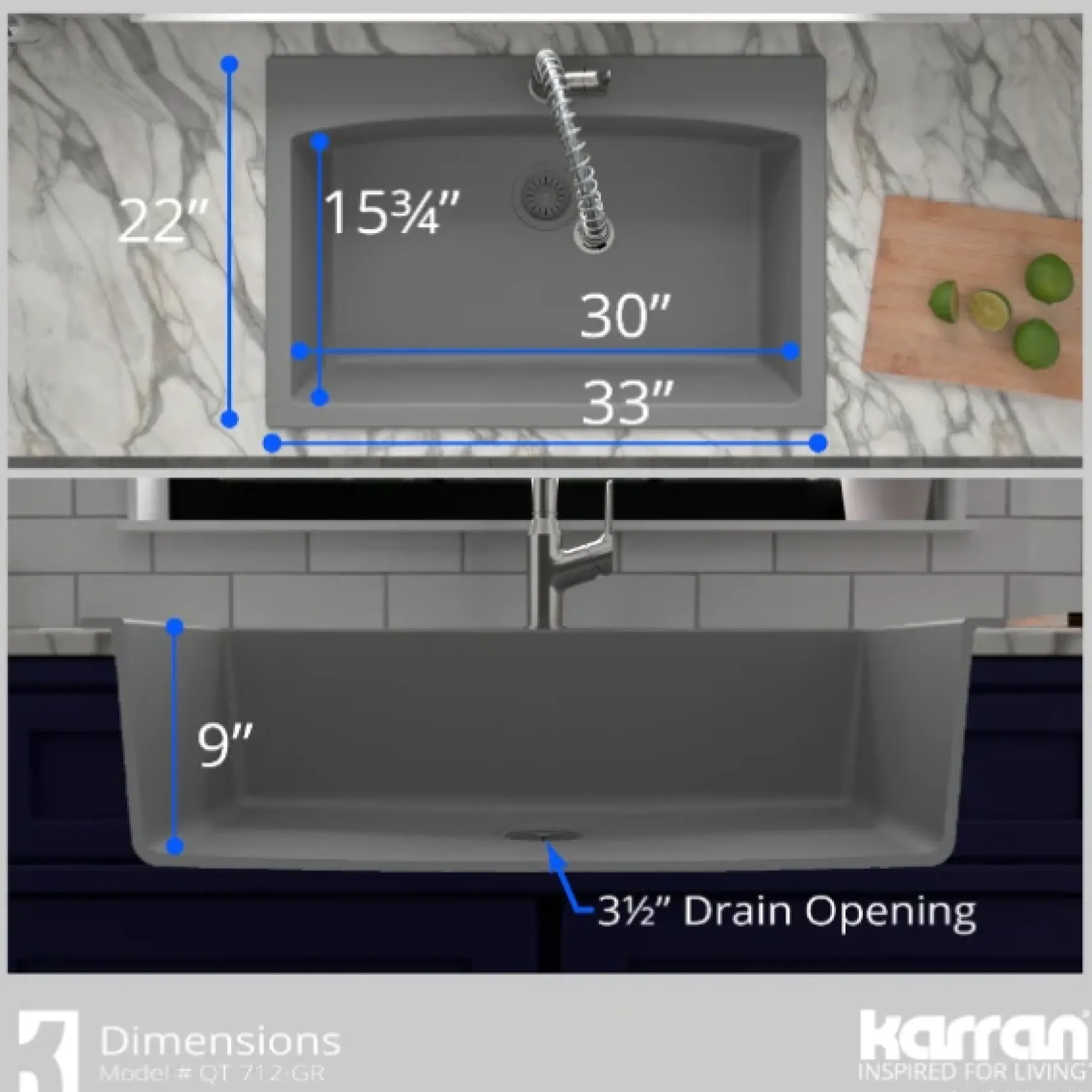 Karran 33" Drop In/Topmount Quartz Composite Kitchen Sink, Grey, QT-712-GR