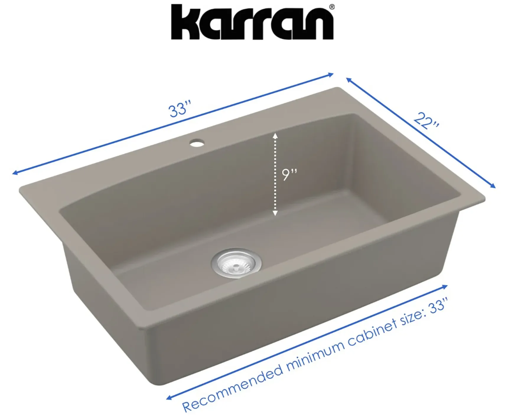 Karran 33" Drop In/Topmount Quartz Composite Kitchen Sink, Grey, QT-712-GR