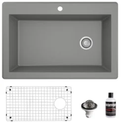 Karran 33" Drop In/Topmount Quartz Composite Kitchen Sink, Grey, QT-670-GR-PK1
