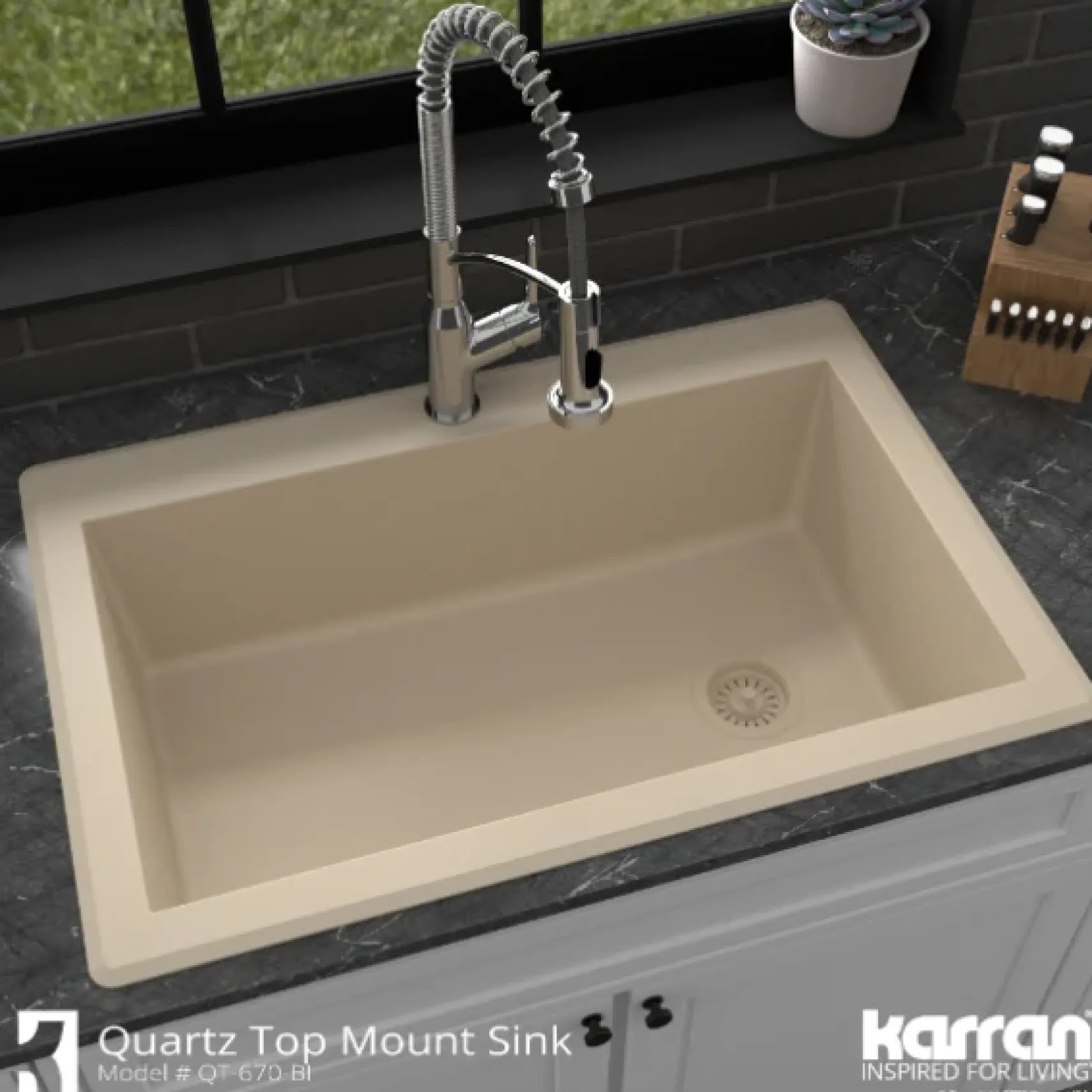 Karran 33" Drop In/Topmount Quartz Composite Kitchen Sink, Bisque, QT-670-BI-PK1