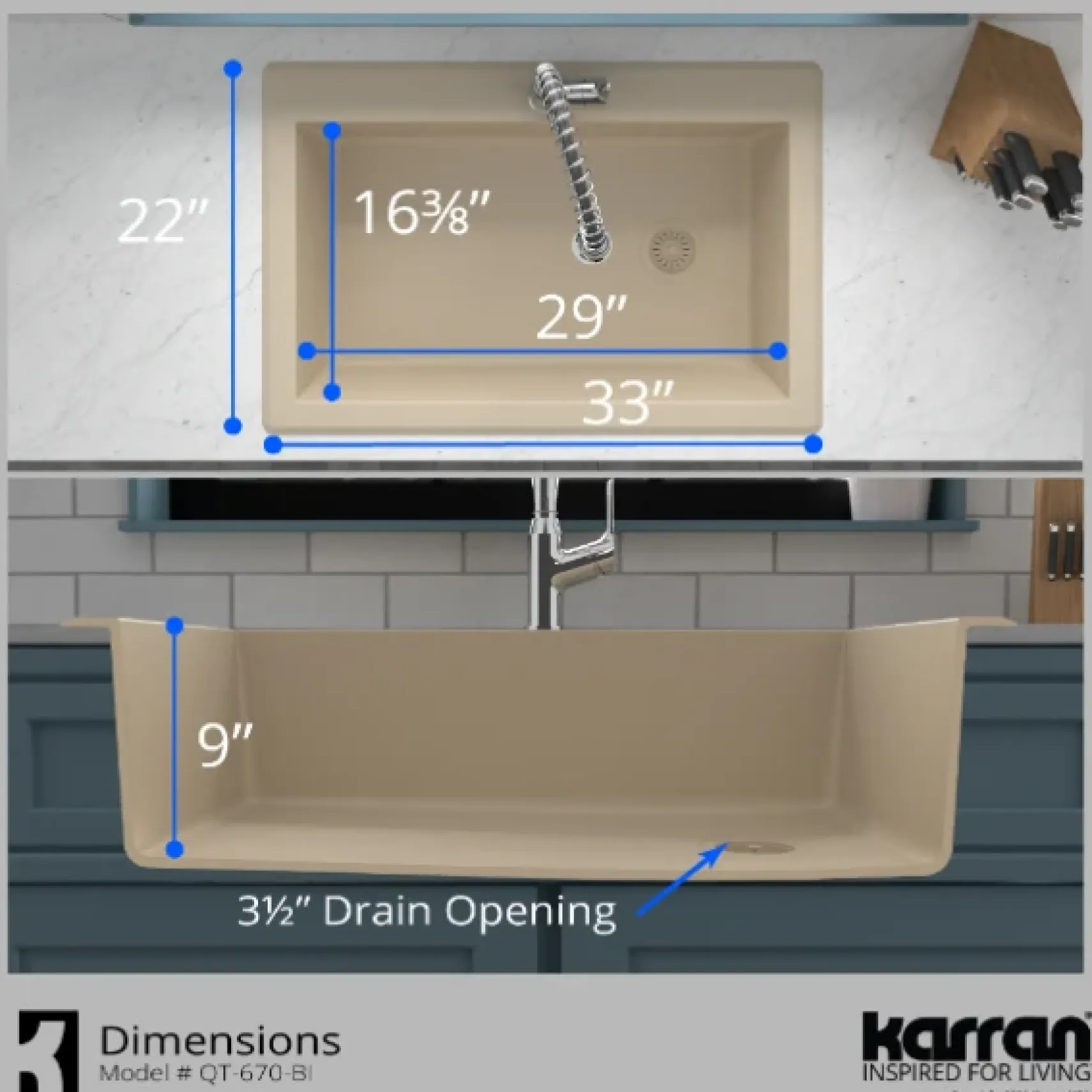 Karran 33" Drop In/Topmount Quartz Composite Kitchen Sink, Bisque, QT-670-BI-PK1