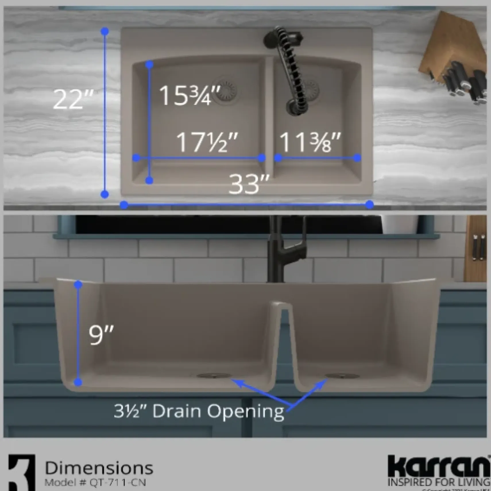 Karran 33" Drop In/Topmount Quartz Composite Kitchen Sink, 60/40 Double Bowl, Concrete, QT-711-CN