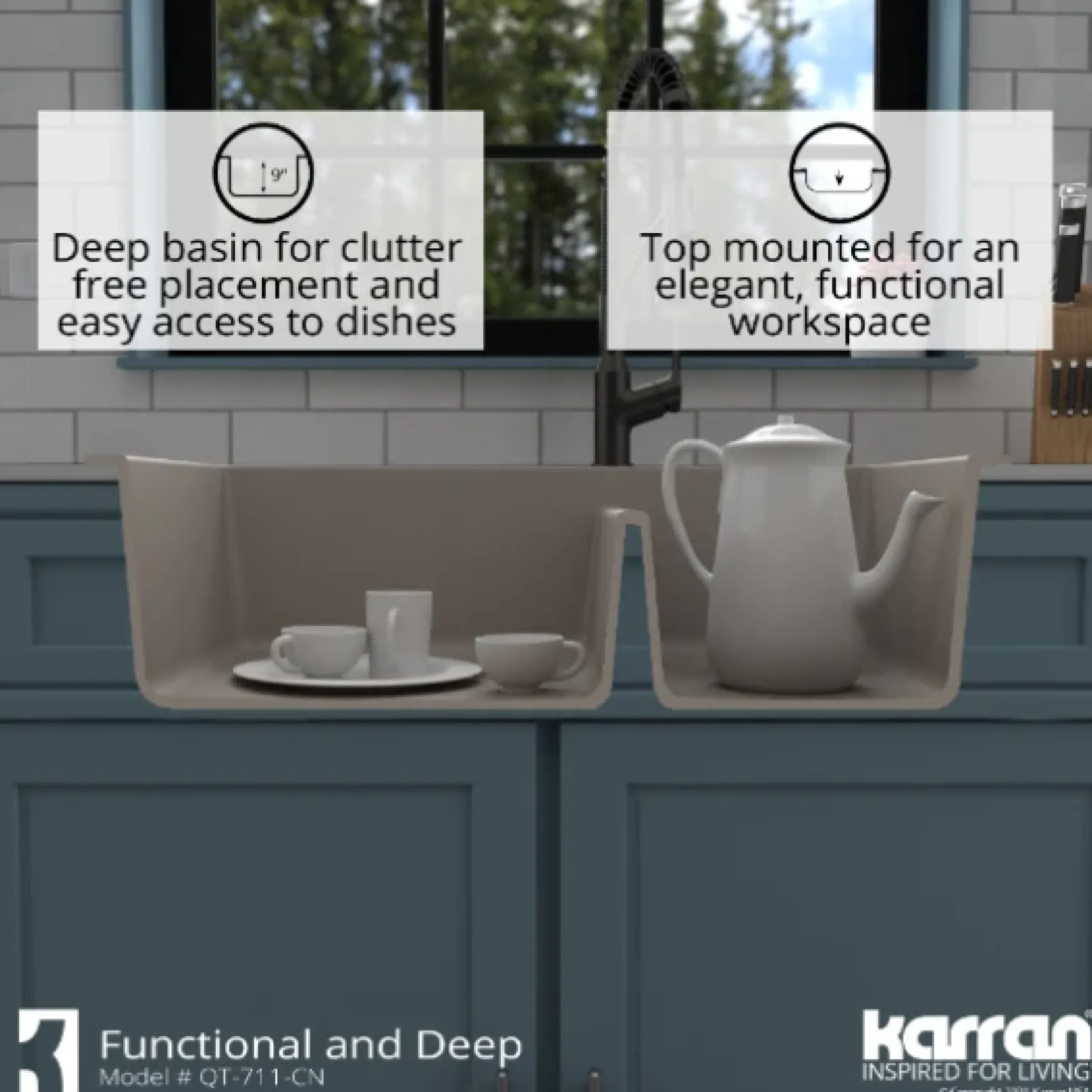 Karran 33" Drop In/Topmount Quartz Composite Kitchen Sink, 60/40 Double Bowl, Concrete, QT-711-CN
