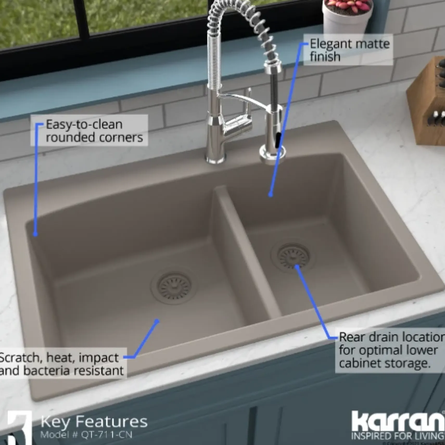 Karran 33" Drop In/Topmount Quartz Composite Kitchen Sink, 60/40 Double Bowl, Concrete, QT-711-CN