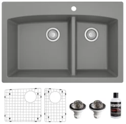 Karran 33" Drop In/Topmount Quartz Composite Kitchen Sink, 60/40 Double Bowl, Grey, QT-711-GR-PK1