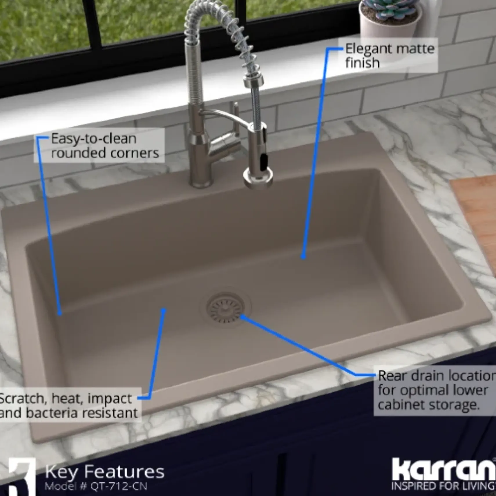 Karran 33" Drop In/Topmount Quartz Composite Kitchen Sink, Concrete, QT-712-CN