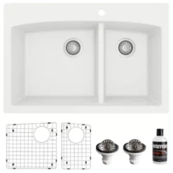 Karran 33" Drop In/Topmount Quartz Composite Kitchen Sink, 60/40 Double Bowl, White, QT-711-WH-PK1