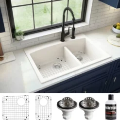 Karran 33" Drop In/Topmount Quartz Composite Kitchen Sink, 60/40 Double Bowl, White, QT-711-WH-PK1