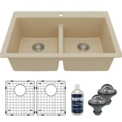 Karran 33" Drop In/Topmount Quartz Composite Kitchen Sink with Accessories, 50/50 Double Bowl, Bisque, QT-810-BI-PK1