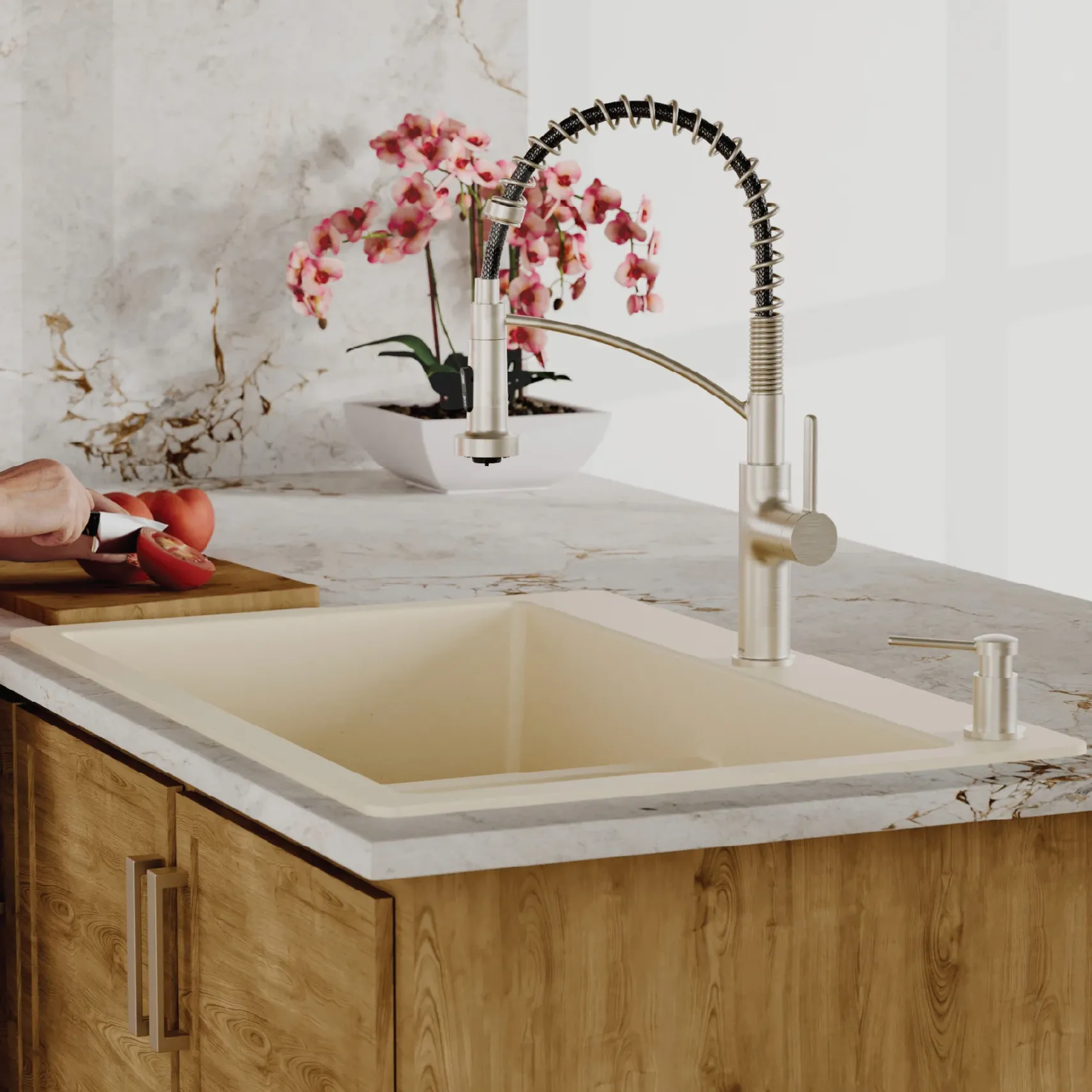 Karran 33" Drop In/Topmount Quartz Composite Kitchen Sink with Accessories, 50/50 Double Bowl, Bisque, QT-810-BI-PK1