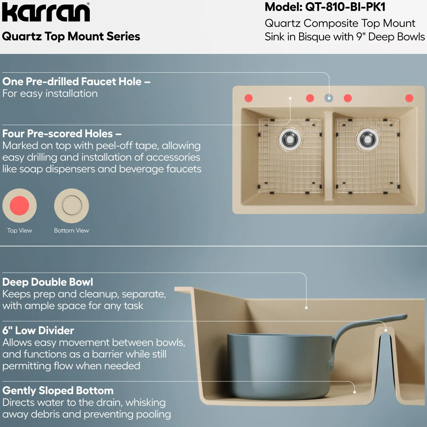 Karran 33" Drop In/Topmount Quartz Composite Kitchen Sink with Accessories, 50/50 Double Bowl, Bisque, QT-810-BI-PK1