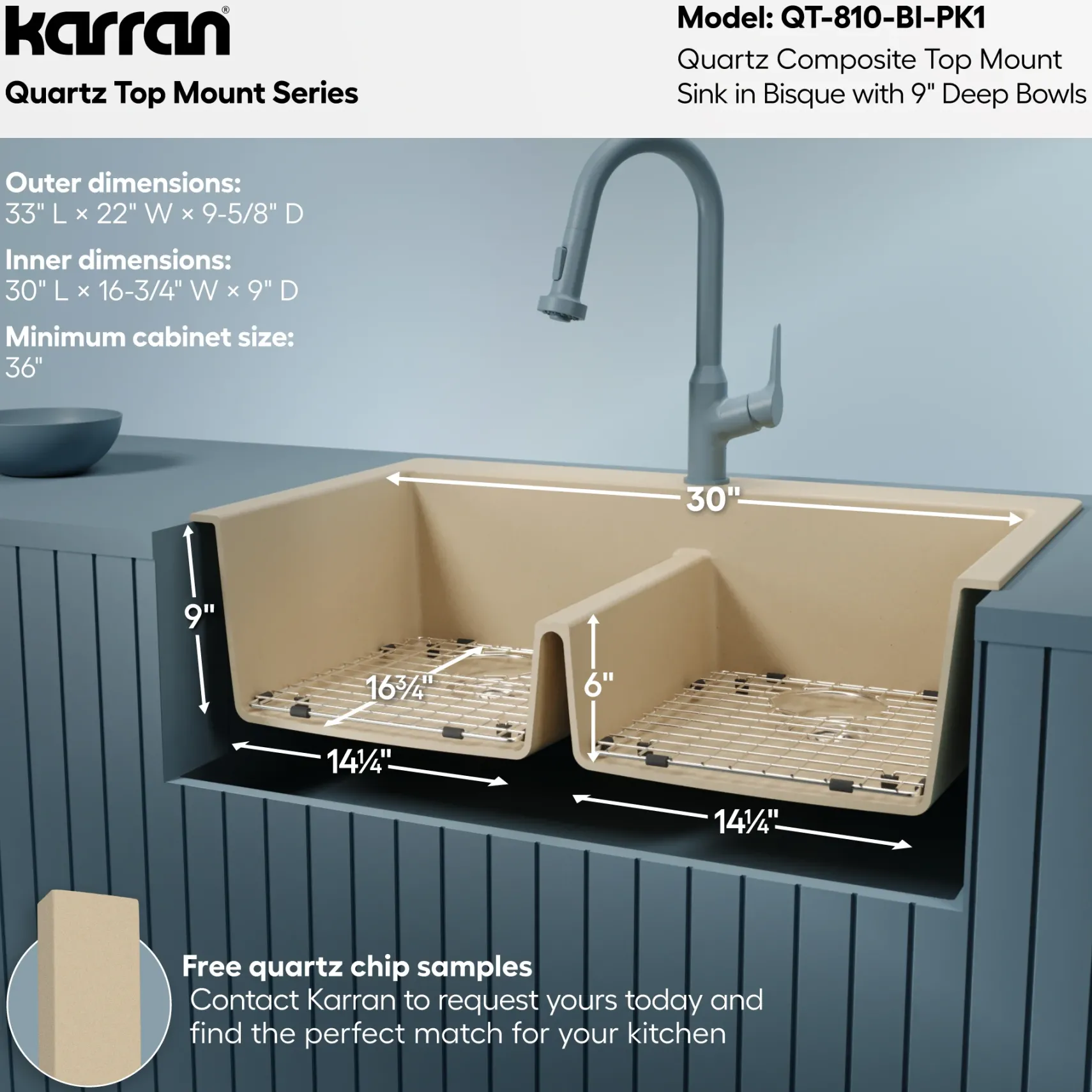 Karran 33" Drop In/Topmount Quartz Composite Kitchen Sink with Accessories, 50/50 Double Bowl, Bisque, QT-810-BI-PK1