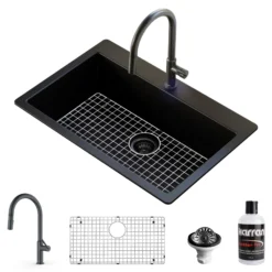 Karran 33" Drop In/Topmount Quartz Composite Kitchen Sink with Gunmetal Grey Faucet and Accessories, Black, QT812BLKKF350GG