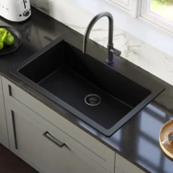 Karran 33" Drop In/Topmount Quartz Composite Kitchen Sink with Gunmetal Grey Faucet and Accessories, Black, QT812BLKKF350GG