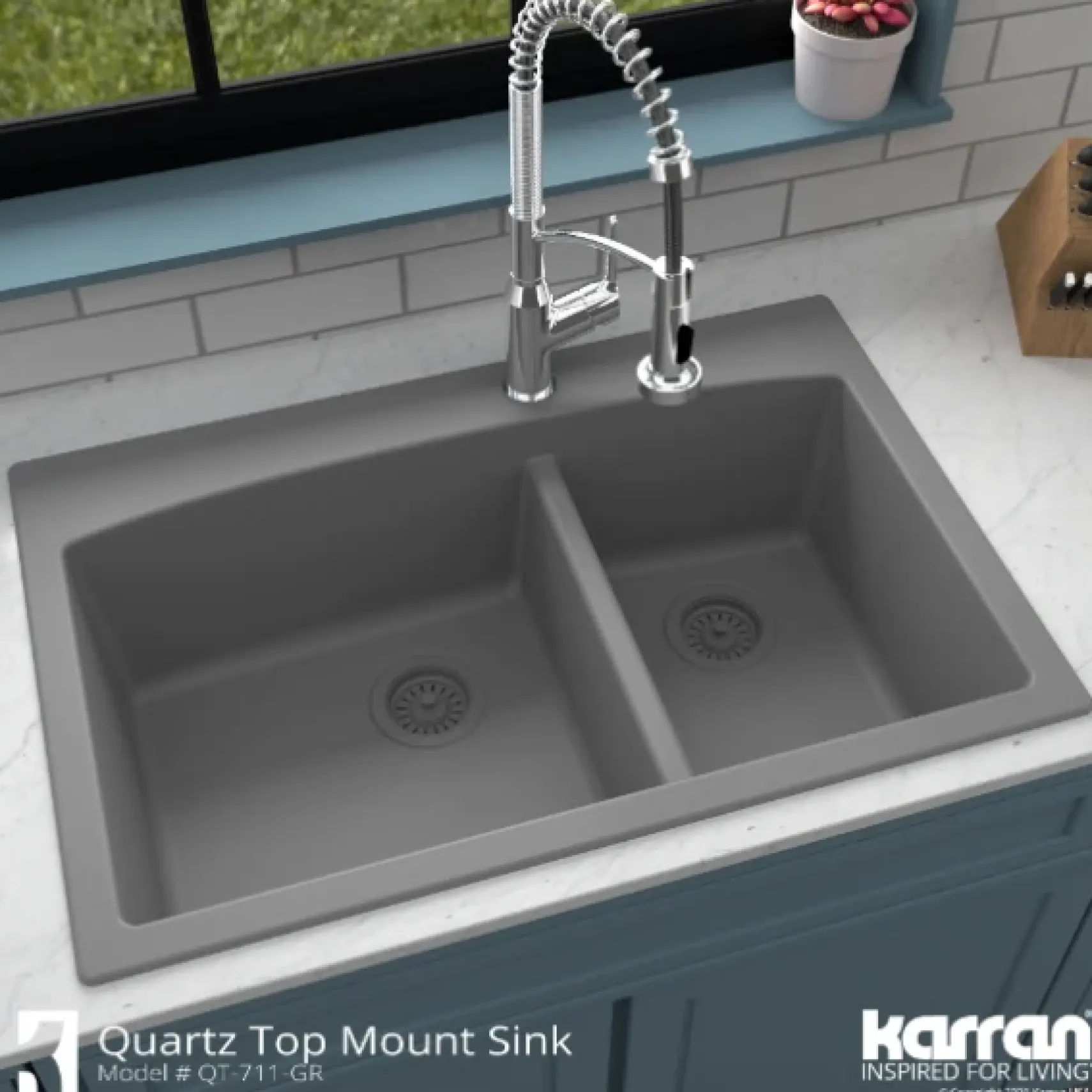 Karran 33" Drop In/Topmount Quartz Composite Kitchen Sink, 60/40 Double Bowl, Grey, QT-711-GR