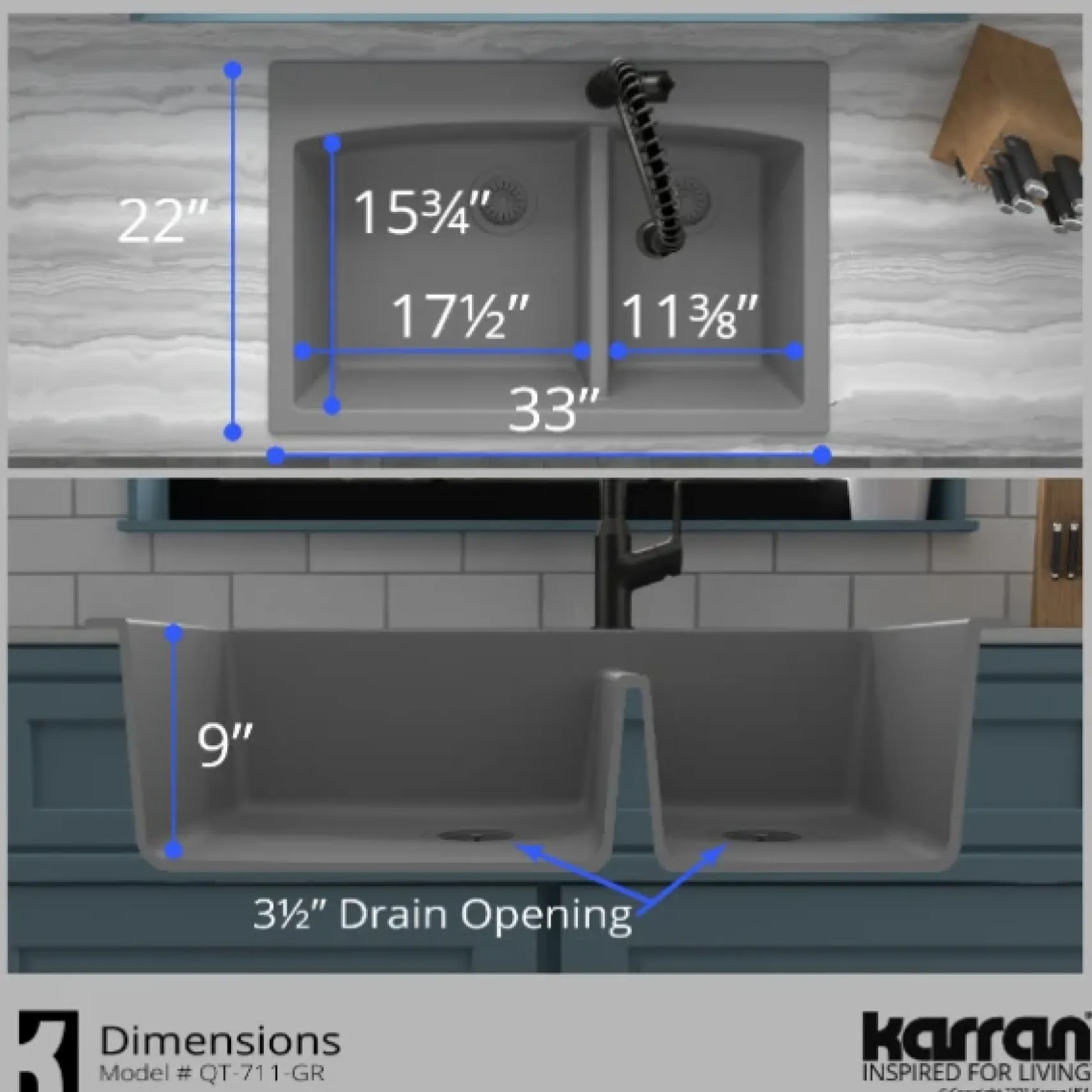 Karran 33" Drop In/Topmount Quartz Composite Kitchen Sink, 60/40 Double Bowl, Grey, QT-711-GR