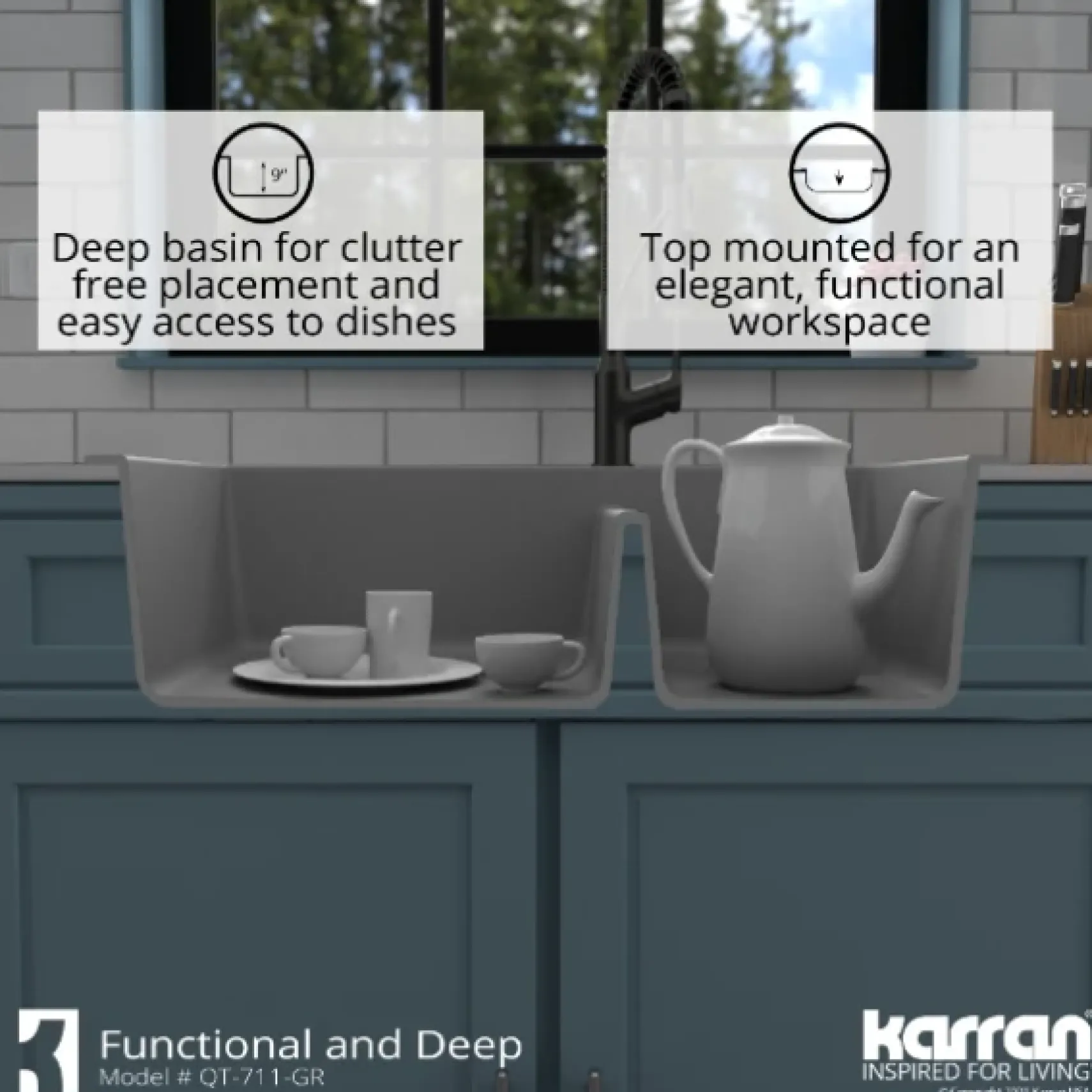 Karran 33" Drop In/Topmount Quartz Composite Kitchen Sink, 60/40 Double Bowl, Grey, QT-711-GR