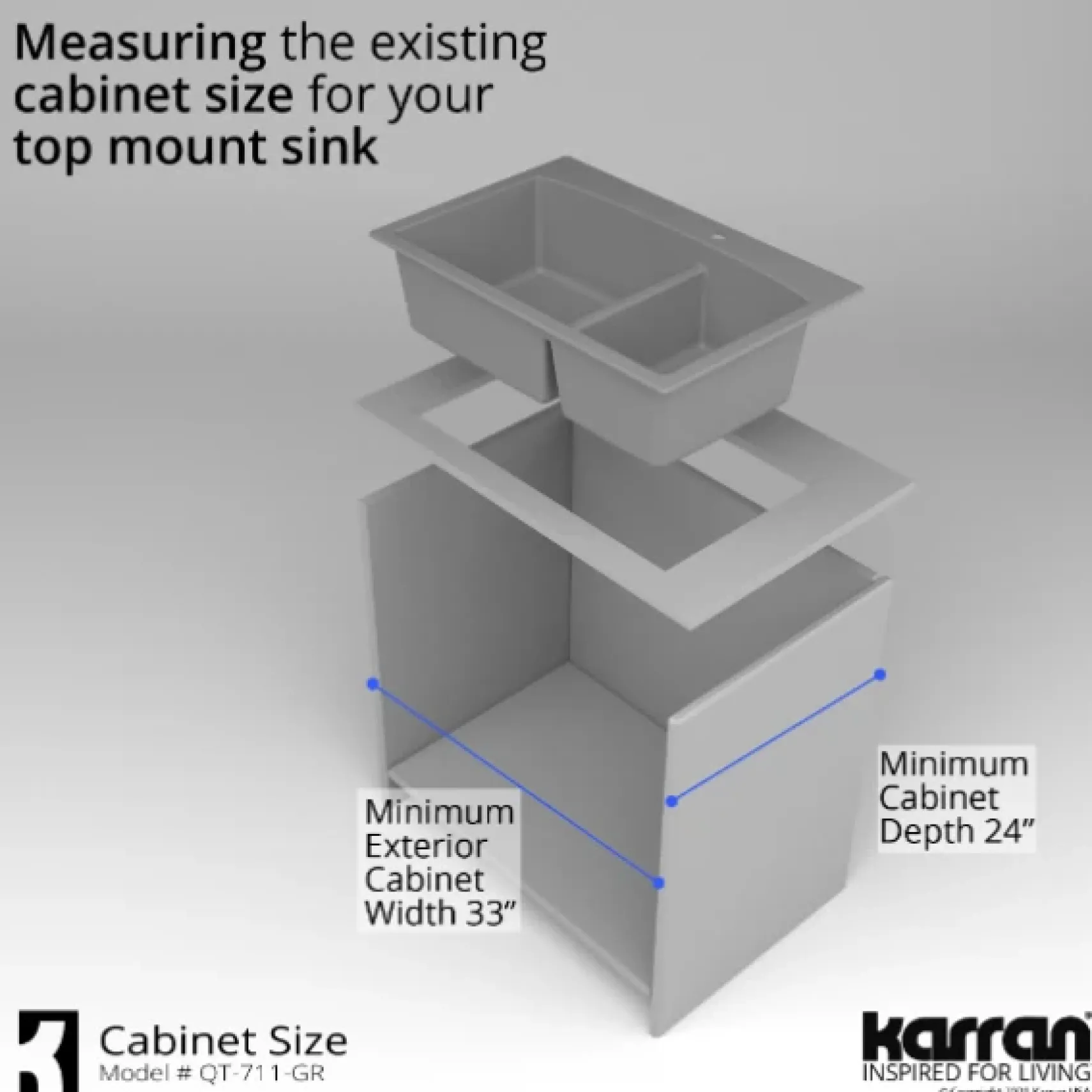 Karran 33" Drop In/Topmount Quartz Composite Kitchen Sink, 60/40 Double Bowl, Grey, QT-711-GR