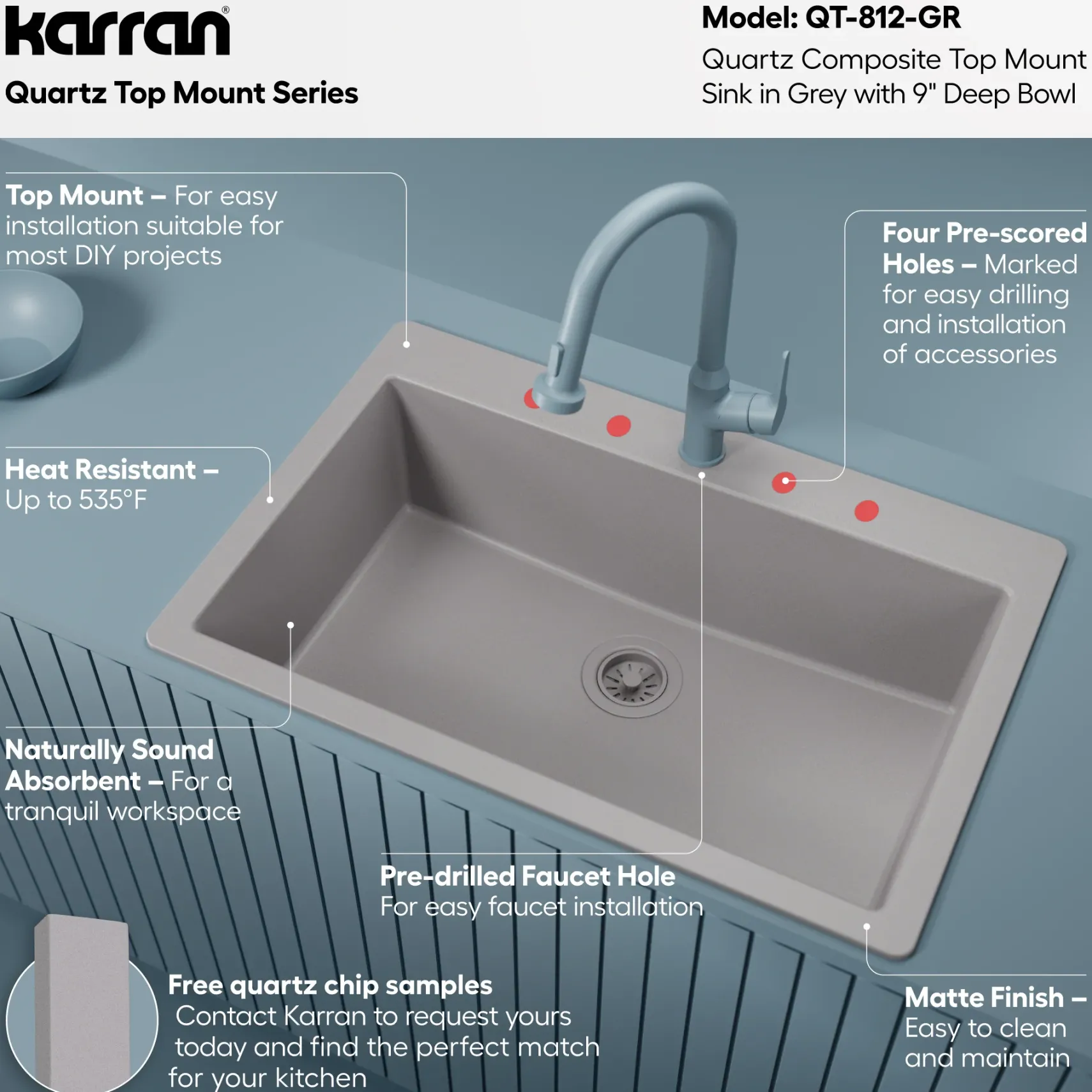 Karran 33" Drop In/Topmount Quartz Composite Kitchen Sink, Grey, QT-812-GR