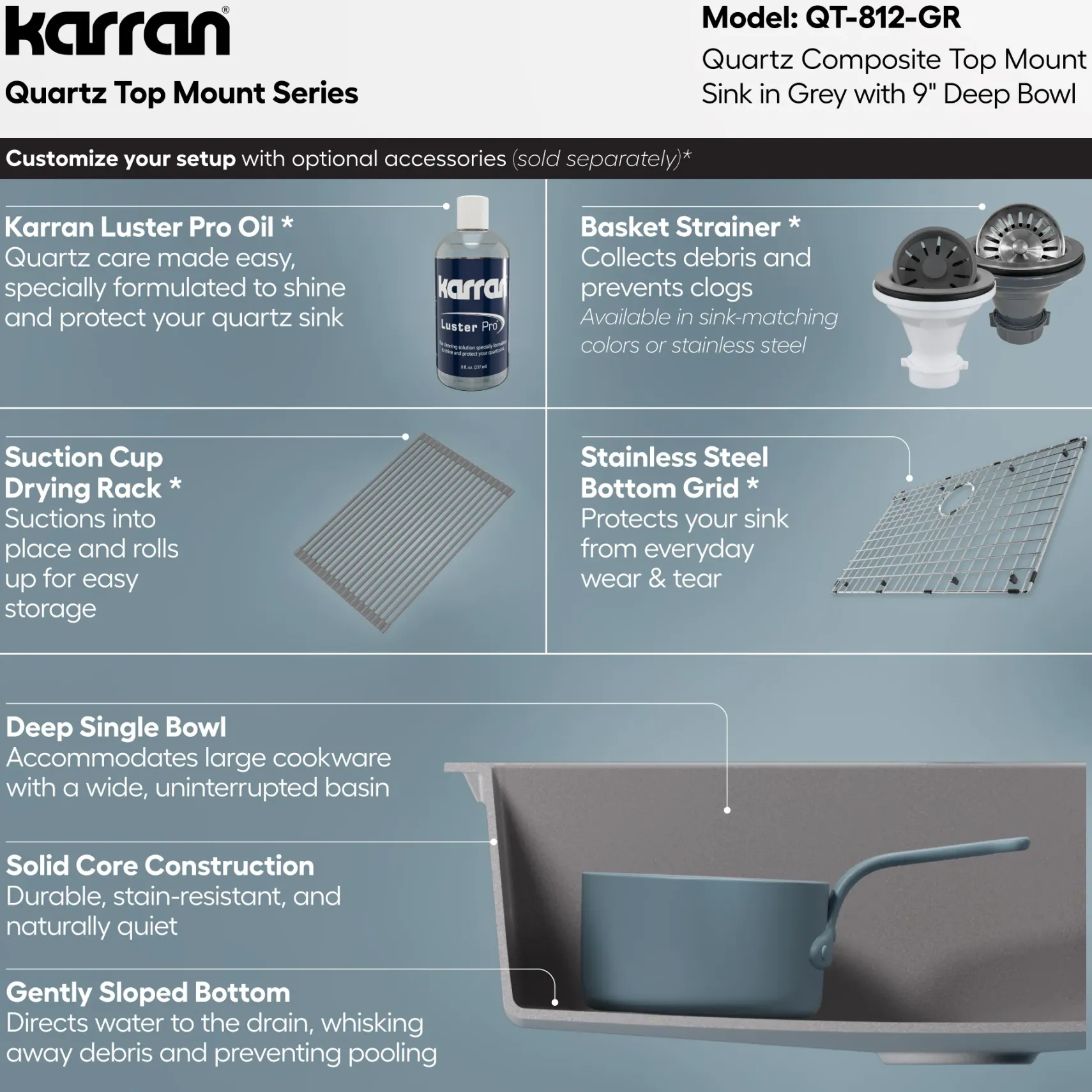 Karran 33" Drop In/Topmount Quartz Composite Kitchen Sink, Grey, QT-812-GR