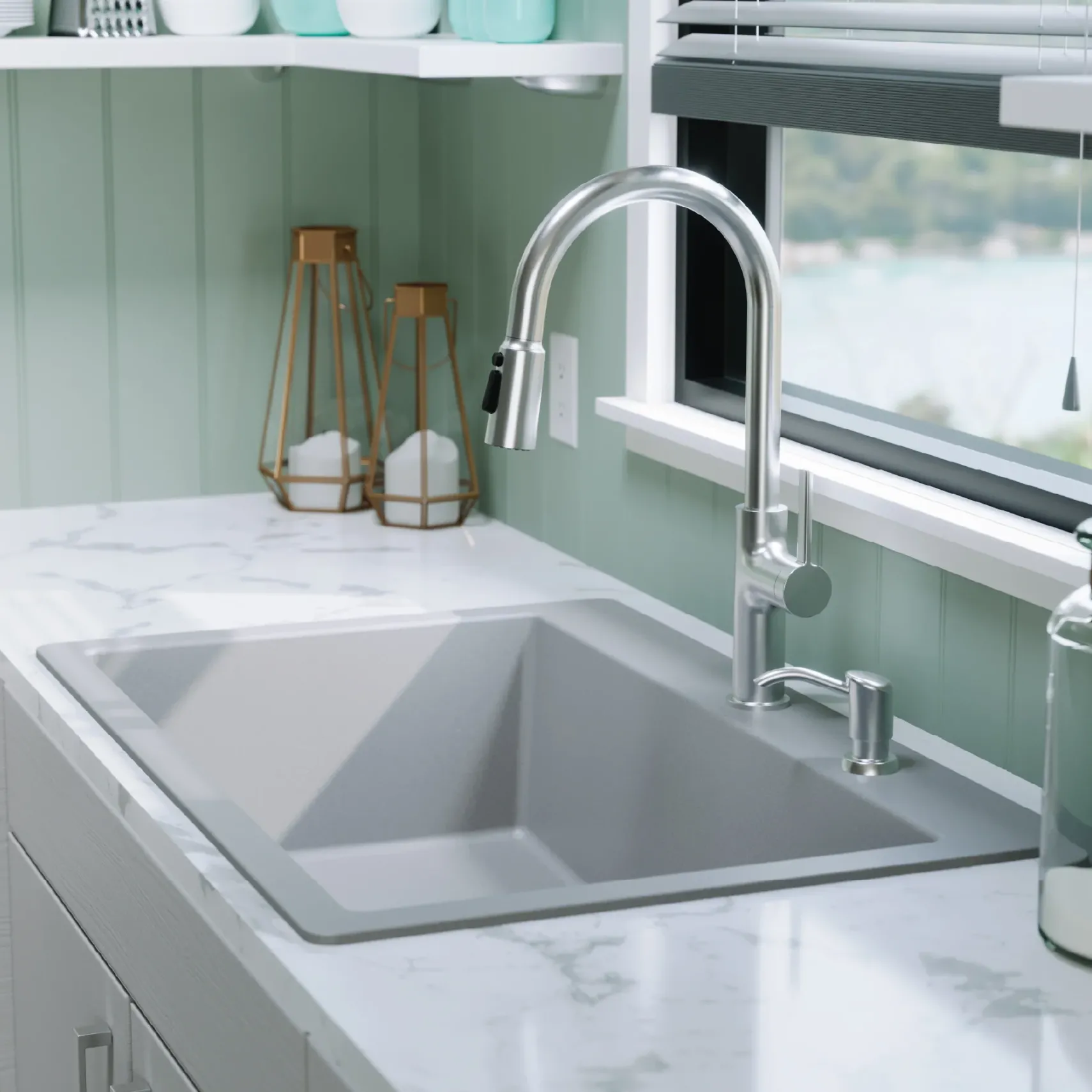 Karran 33" Drop In/Topmount Quartz Composite Kitchen Sink, Grey, QT-812-GR