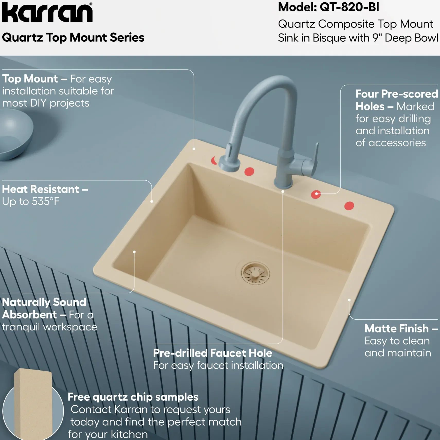 Karran 25" Drop In/Topmount Quartz Composite Kitchen Sink, Bisque, QT-820-BI