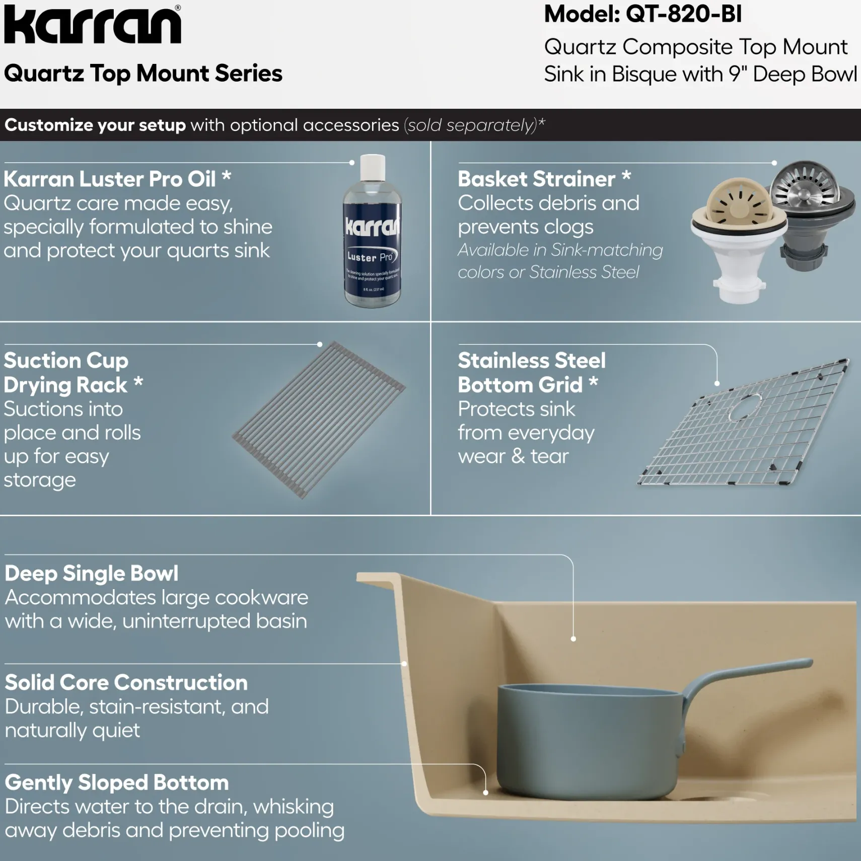 Karran 25" Drop In/Topmount Quartz Composite Kitchen Sink, Bisque, QT-820-BI