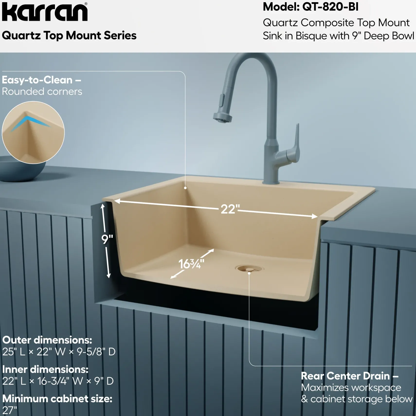 Karran 25" Drop In/Topmount Quartz Composite Kitchen Sink, Bisque, QT-820-BI
