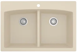 Karran 33" Drop In/Topmount Quartz Composite Kitchen Sink, 50/50 Double Bowl, Bisque, QT-710-BI-PK1