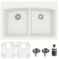 Karran 33" Drop In/Topmount Quartz Composite Kitchen Sink, 50/50 Double Bowl, White, QT-710-WH-PK1