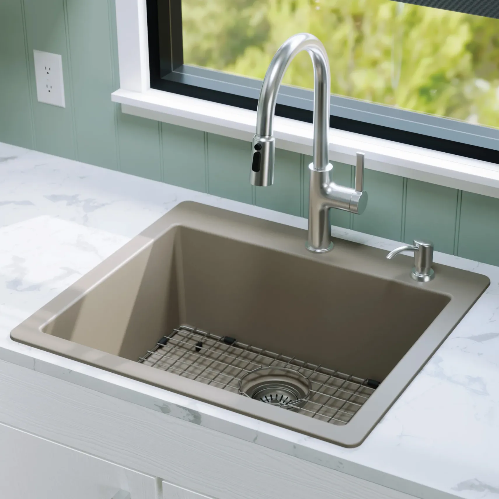 Karran 25" Drop In/Topmount Quartz Composite Kitchen Sink with Accessories, Concrete, QT-820-CN-PK1