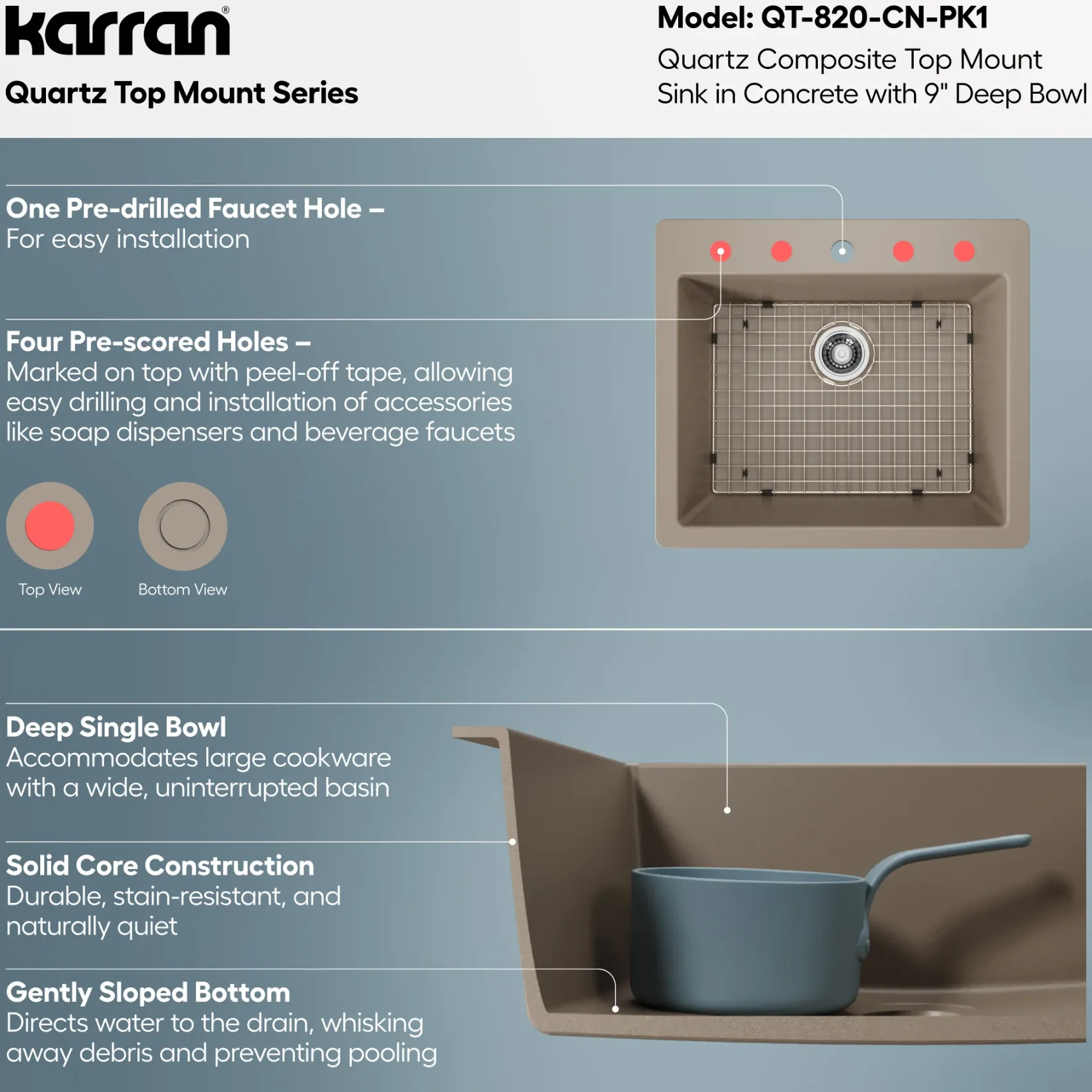 Karran 25" Drop In/Topmount Quartz Composite Kitchen Sink with Accessories, Concrete, QT-820-CN-PK1