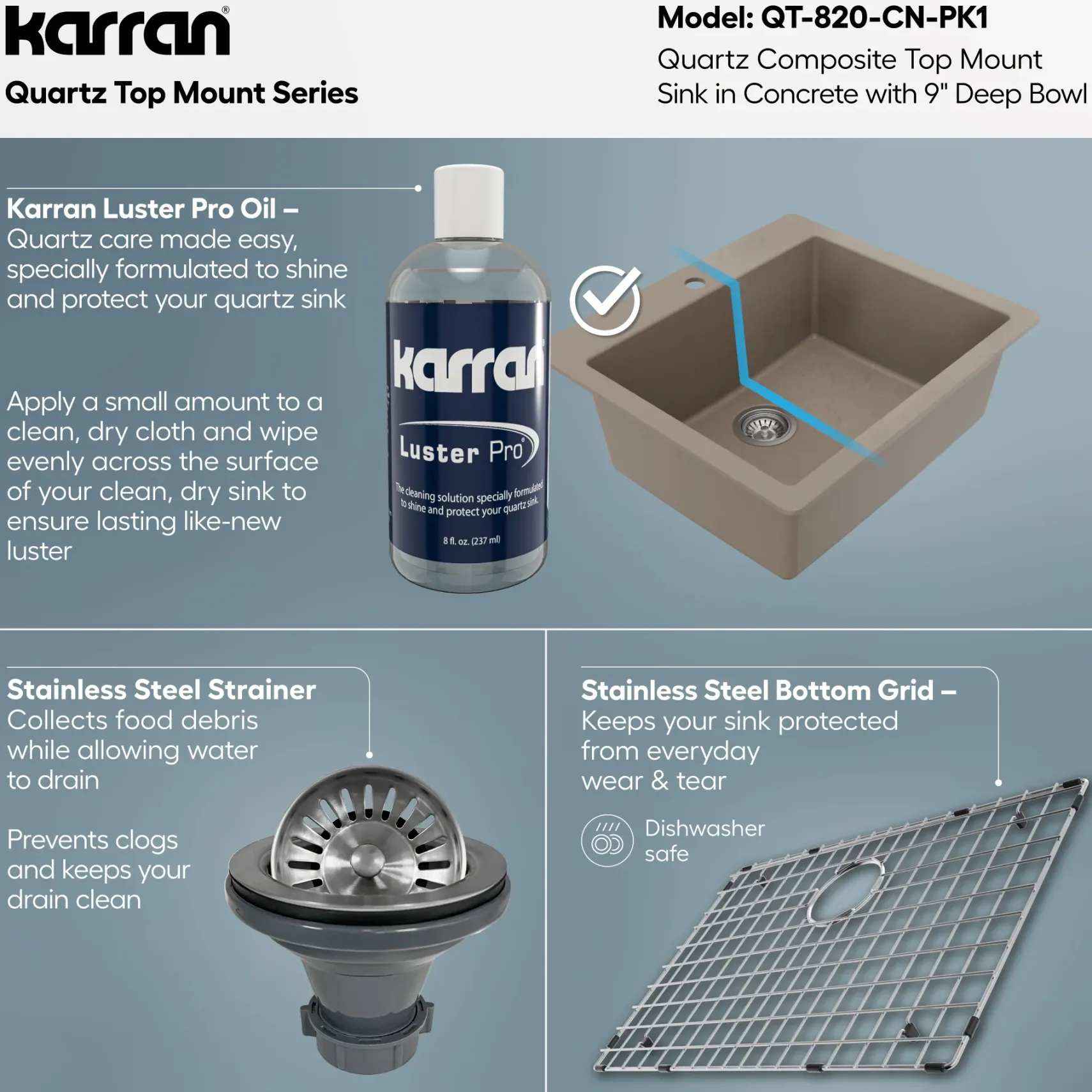 Karran 25" Drop In/Topmount Quartz Composite Kitchen Sink with Accessories, Concrete, QT-820-CN-PK1